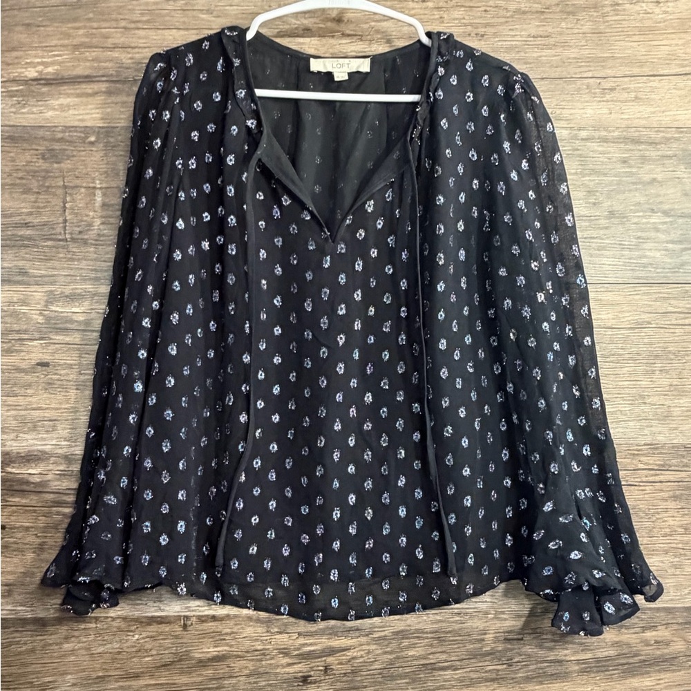 LOFT Sheer Black Blouse with Design Pattern
